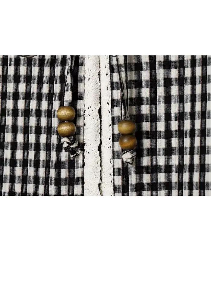 HH Femme Nouvelle Collection Tendance Veste Courte Légère Printemps-Été à Carreaux Noir et Blanc avec Manches Contrastantes et Nœud Papillon aux Coudes