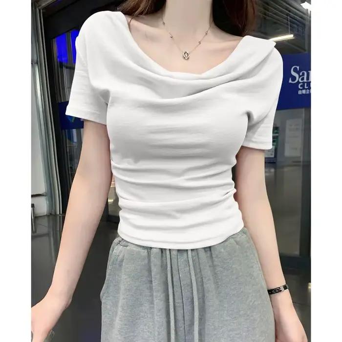 Nouveau T-shirt asymétrique à col diagonal et épaule dénudée