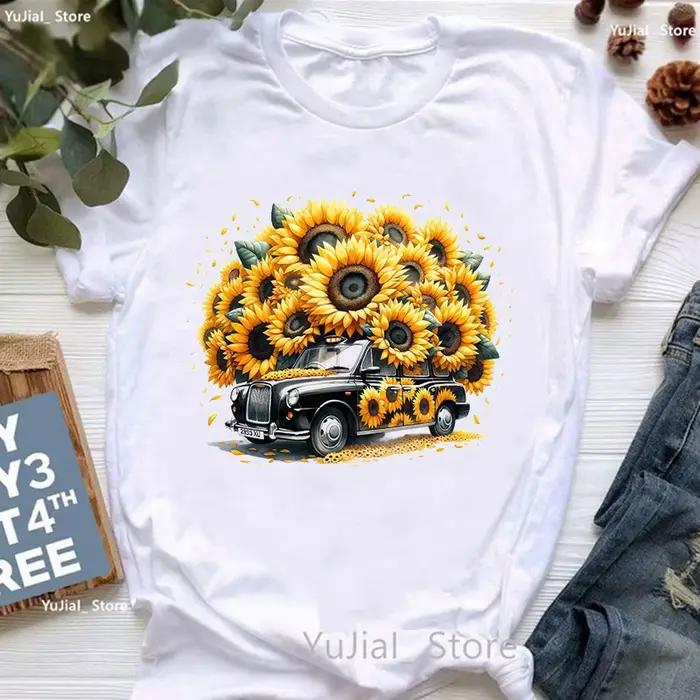 Funny London Cab Flowers Printed T Shirt Girls Summer Fashion Tops Tee