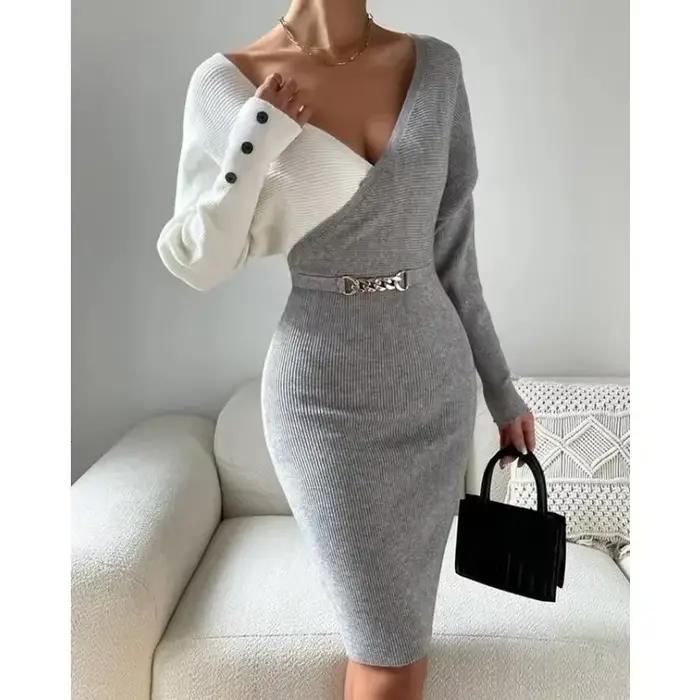 Robe pull taille haute femme gaine sexy polyesters col en V patchwork tricoter ajustée pour été et occasions spéciales