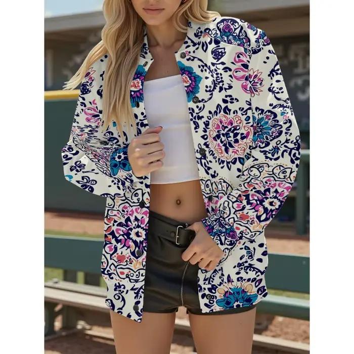 Veste de Baseball blanche pour femmes, avec motif artistique Floral multicolore, manches longues, poches, manteau décontracté, Streetwear, grande taille