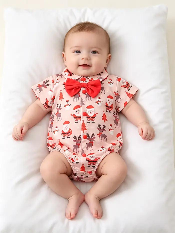 Vêtements de Noël pour bébés garçons : Barboteuse élégante à nœud papillon, combinaison douce à manches courtes, tenues