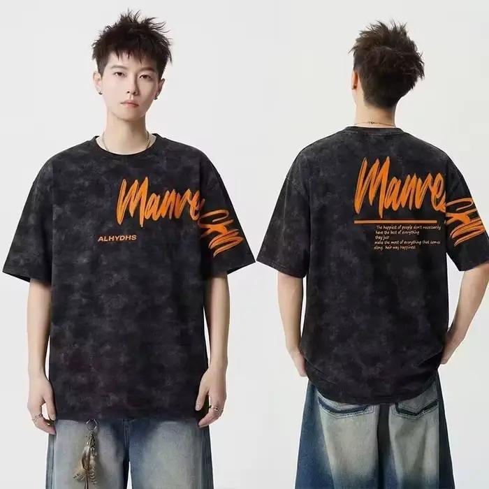 T-Shirts Oversize Homme Tie-Dye Imprimé Lettres Vintage Décontractés Style Rétro Streetwear Y2K Mode Été 2026 Occasions Spéciales