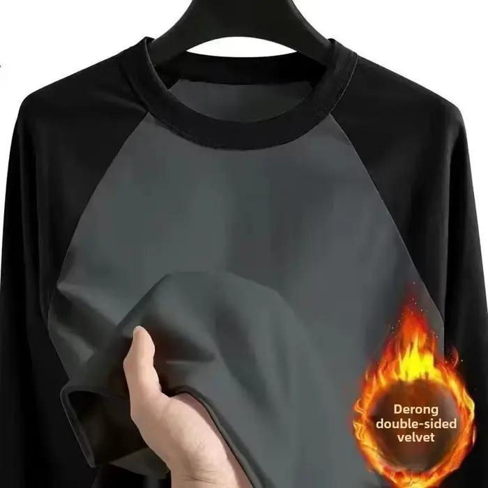 T-shirt thermique à manches longues et col rond pour homme, double face, vêtement chaud d'hiver, couleur unie, couleur contrastée, base en velours allemand