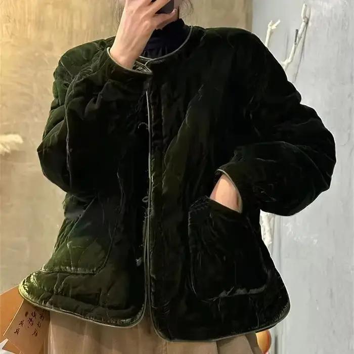 Veste rétro en coton à col rond pour femme