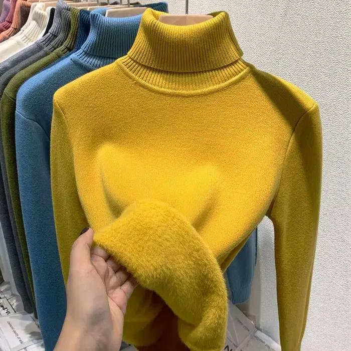 Pulls à col haut avec doublure épaisse en peluche pour femmes