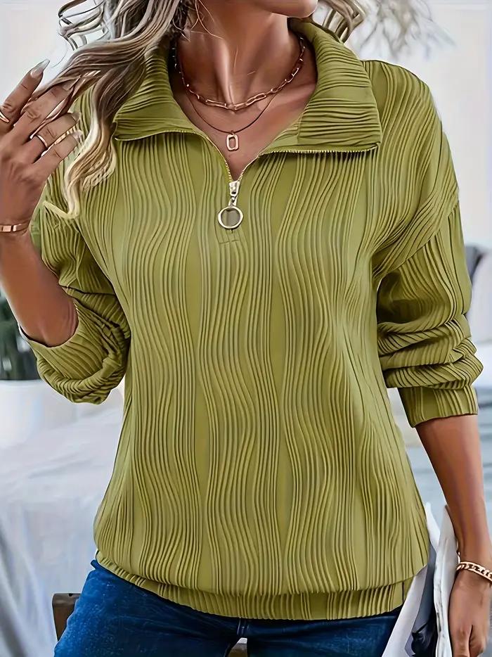 Sweat-shirt texturé ondulé à demi-zip pour femme - Col rabattu, manches longues, coupe ample, haut décontracté pour l'automne