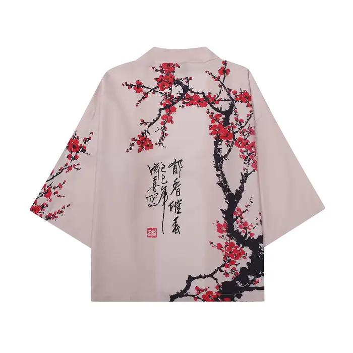 Kimono d'été imprimé floral pour hommes et femmes, chemise hawaïenne de plage, Cardigan à la mode, motif prune, peignoirs Yukata Haori