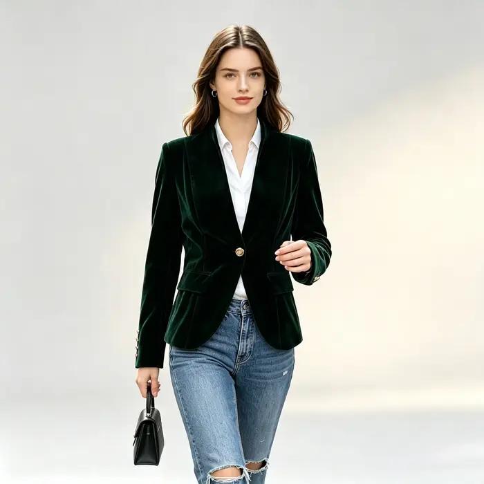 Blazer élégant en velours vert foncé pour femme, col montant, boutons dorés, coupe ajustée, style décontracté, vintage, veste de costume courte pour le bureau