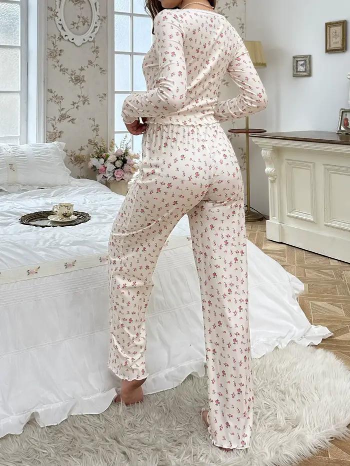 Ensemble pyjama beige floral à manches longues et pantalon long pour femme