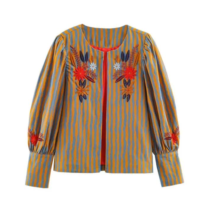 Vestes pour femmes, automne, nouvelle collection, rayées, fleurs brodées, col rond, manches longues, manteaux tendance, vêtements décontractés pour femmes, haut chic
