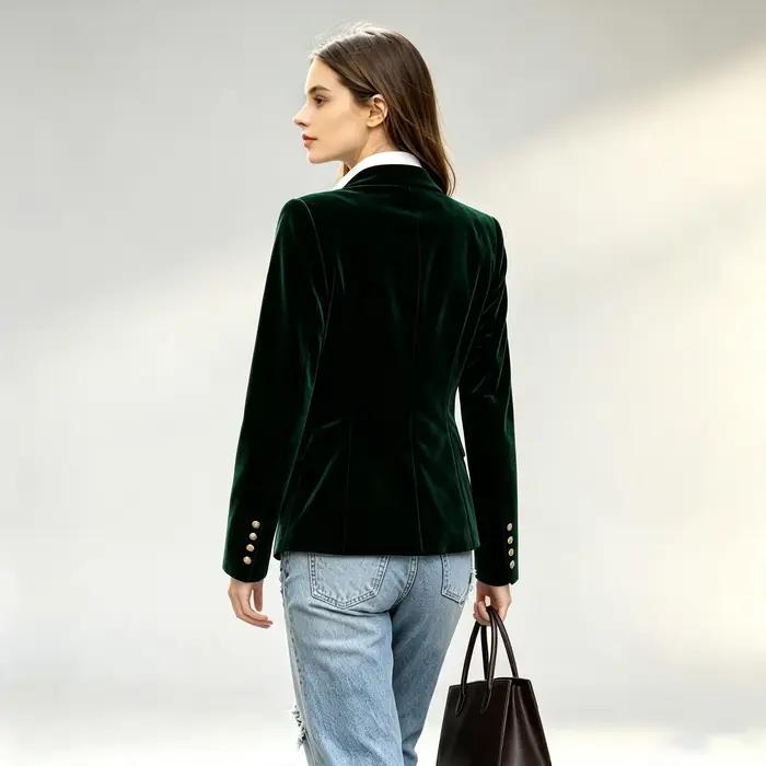 Blazer élégant en velours vert foncé pour femme, col montant, boutons dorés, coupe ajustée, style décontracté, vintage, veste de costume courte pour le bureau