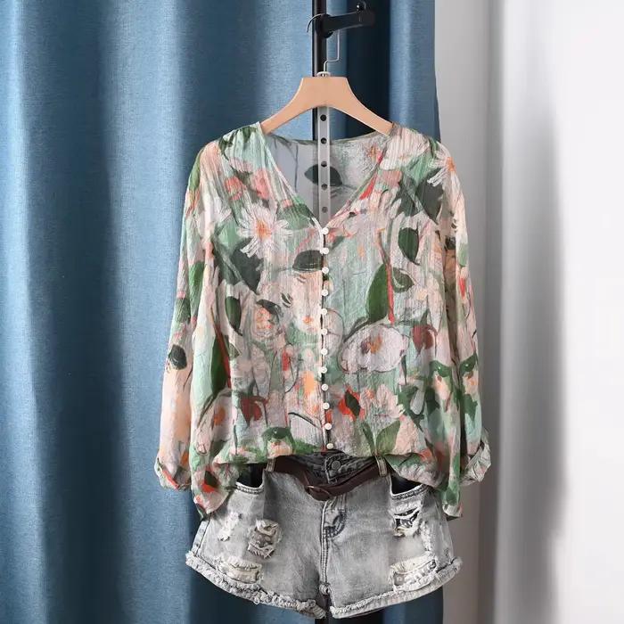 Chemisier luxueux femme 2026 imprimé floral peinture à l'huile vêtement de marque occasionnels élégance à la japonaise ```