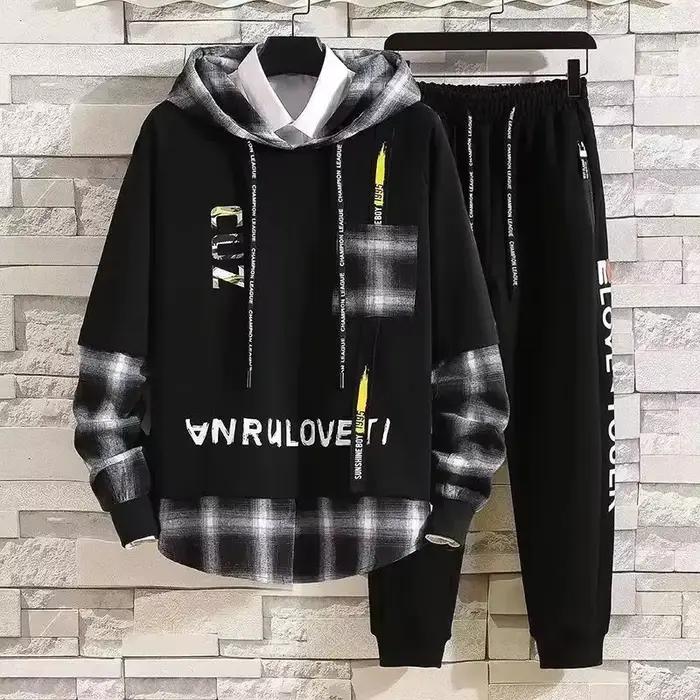 Survêtement de sport shangkaka pour homme, haut à carreaux, pantalon alphabet, ensemble décontracté printemps été, style chic, tenue de jogging et randonnée