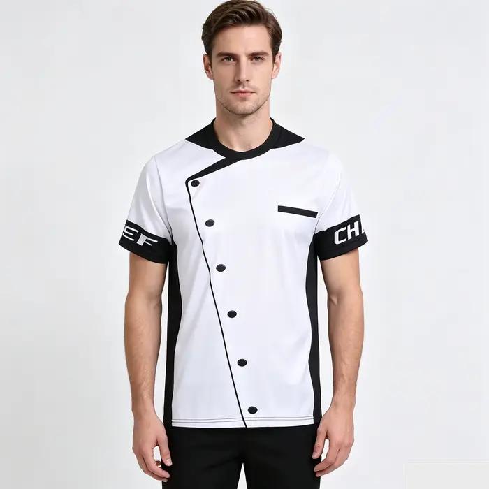 Chemise de chef élégante pour hommes, imprimée, pour hôtel, restaurant, cuisine, décontractée, col rond, manches courtes, t-shirt, vêtements de travail pour le service alimentaire