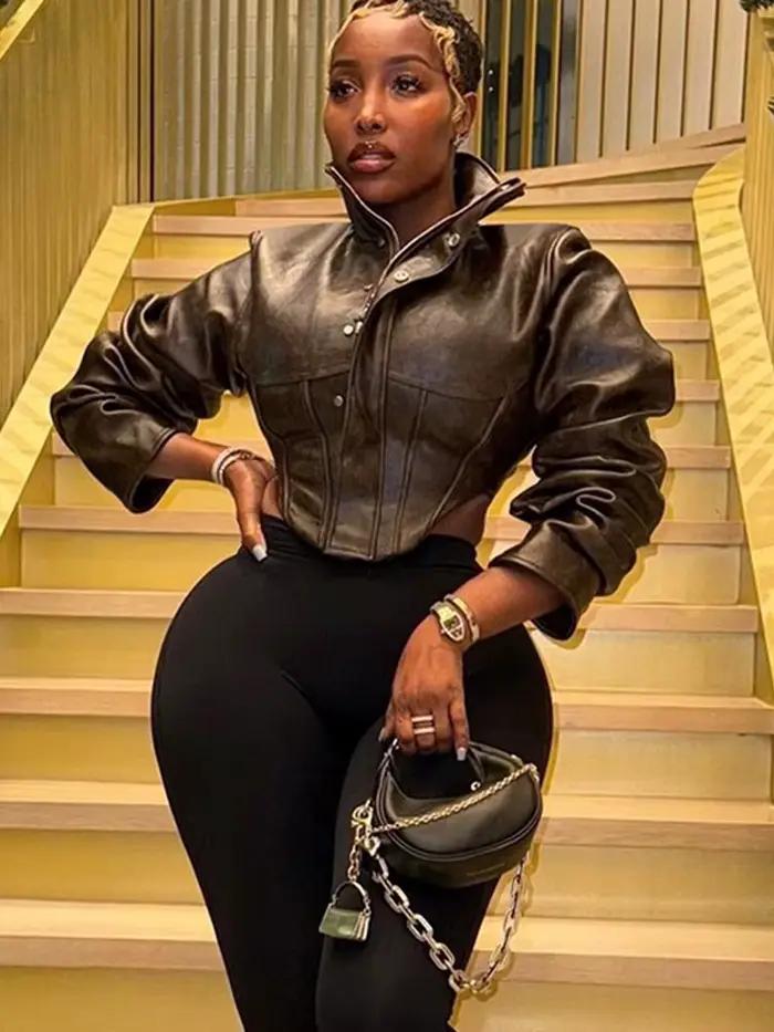 Nibber Hottie Crop Veste Femmes Col Roulé Pu Irrégulière Zip Bouton À Manches Complètes Sauvage Sexy Rue Minuit Automne Hipster Manteau
