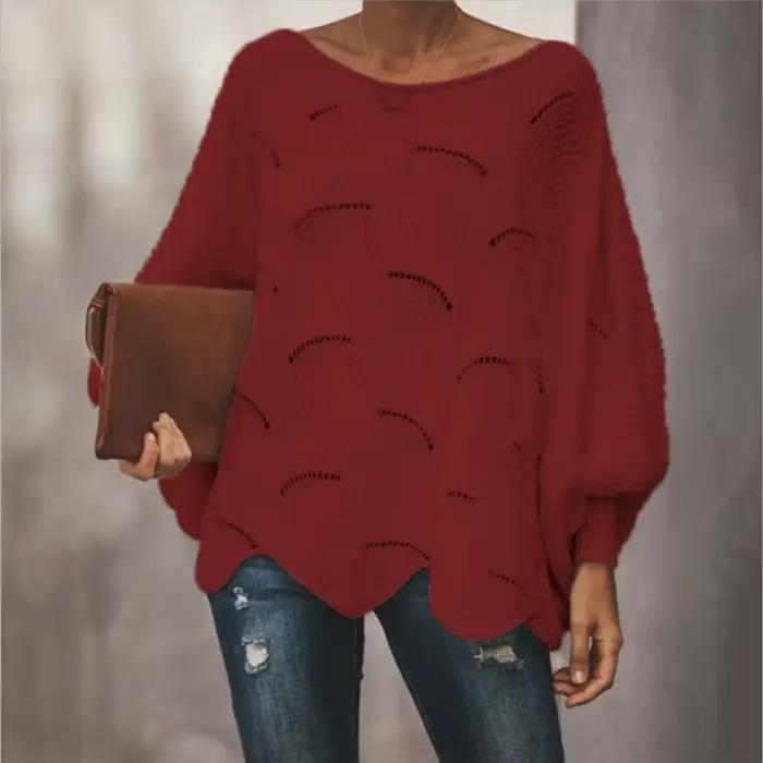 Pull irrégulier à col rond avec manches chauve-souris printemps automne couleur unie