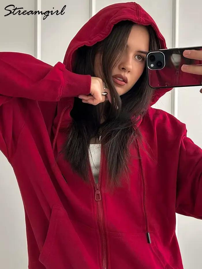 Sweatshirt à capuche surdimensionné en coton et polyester pour femme, fermeture éclair totale, décontracté, pour les sports et la vie quotidienne, automne-hiver