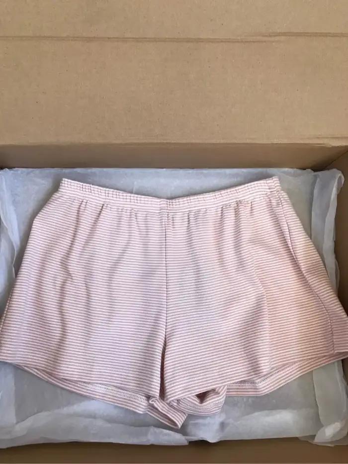 Ensemble Tshirt et short rayé rose doux pour femme haut court Slim à col Slash et short de survêtement droit à taille élastique coton ensemble deux pièces nouveau