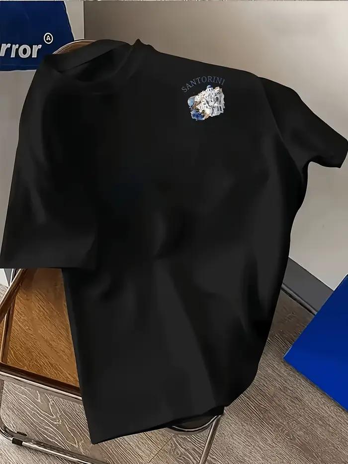 T-shirt pour homme en coton 100% avec imprimé de l'île de Santorin en Grèce