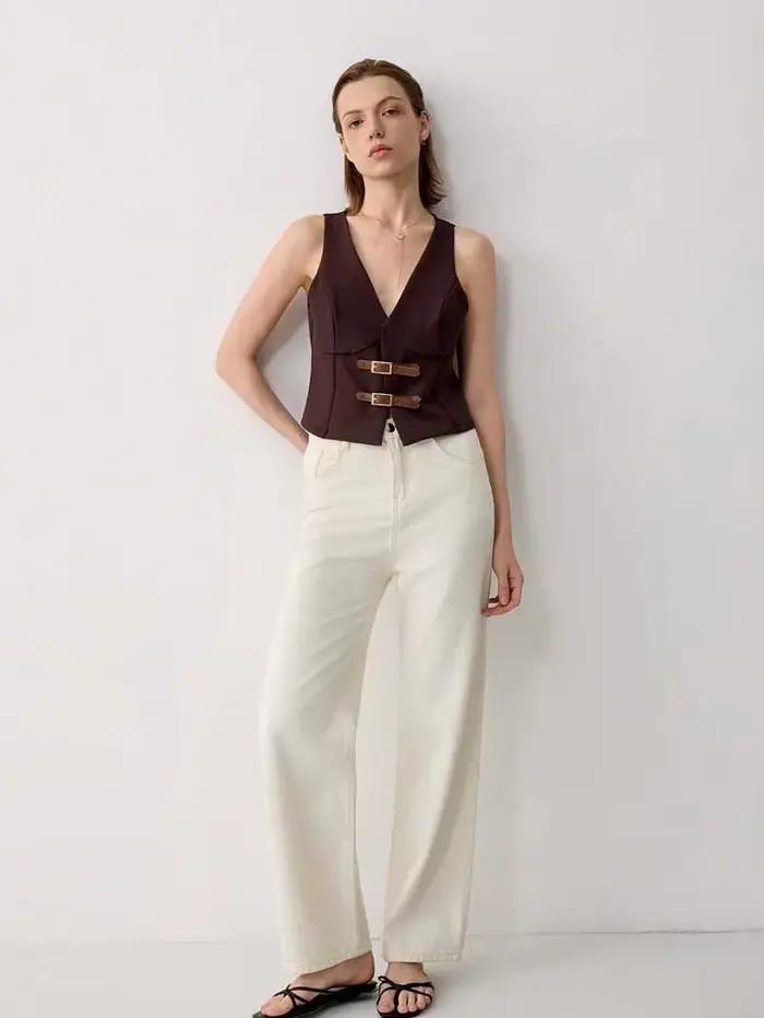 Débardeur uni à col en V pour femme avec ceinture