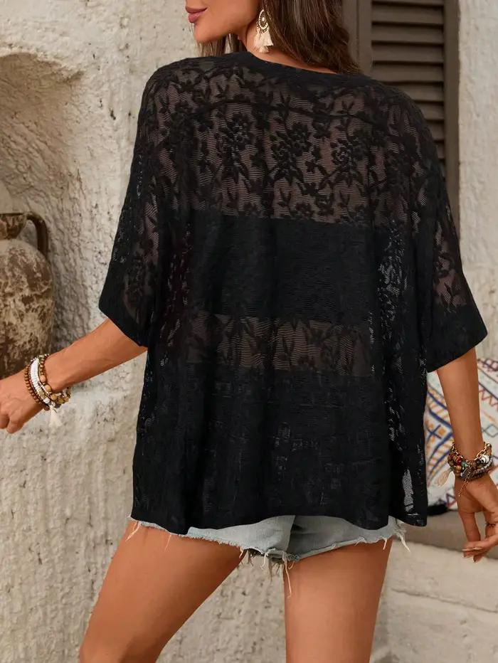 T-shirt élégant en dentelle transparente pour femme - Tee-shirt sexy ample en maille, haut à manches courtes à col rond ajouré, streetwear chic Y2K