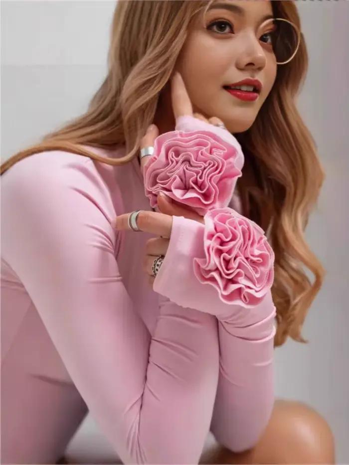 T-shirt à manches longues pour femme avec fleurs en relief