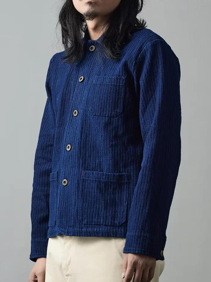 Indigo fait à la main plante bleu teint veste décontracté polyvalent français travail veste Sashiko à manches longues veste