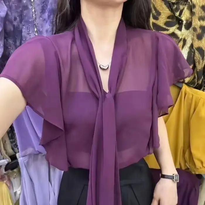 Nouvelle Blouse Élégante en Chiffon à Col en V avec Nœud et Volants