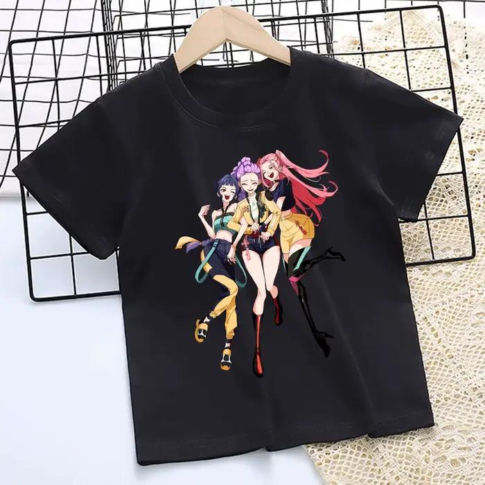 T-shirt KPOP Demon Hunters pour enfants, t-shirt noir de dessin animé pour filles, col rond, vêtements à manches courtes, vêtements d'été pour enfants, cadeau