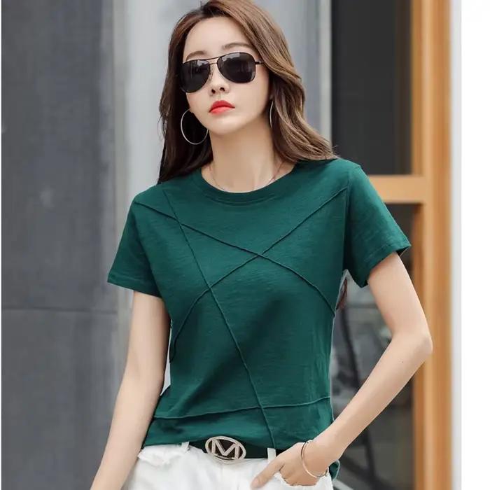 Mode printemps été mince bambou coton T-Shirts femmes col rond manches courtes coréen côtelé t-shirt femme décontracté solide hauts