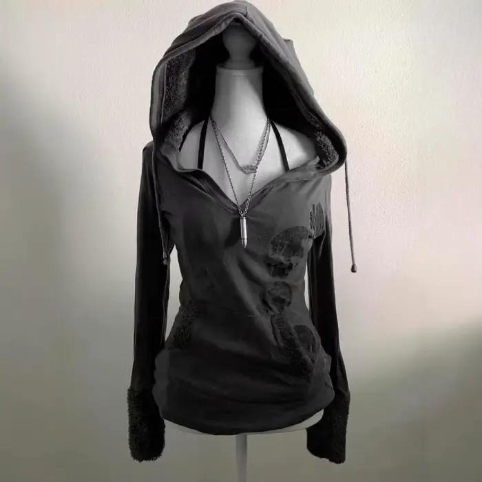 Sweat-shirt à capuche en laine d'agneau gris vintage américain