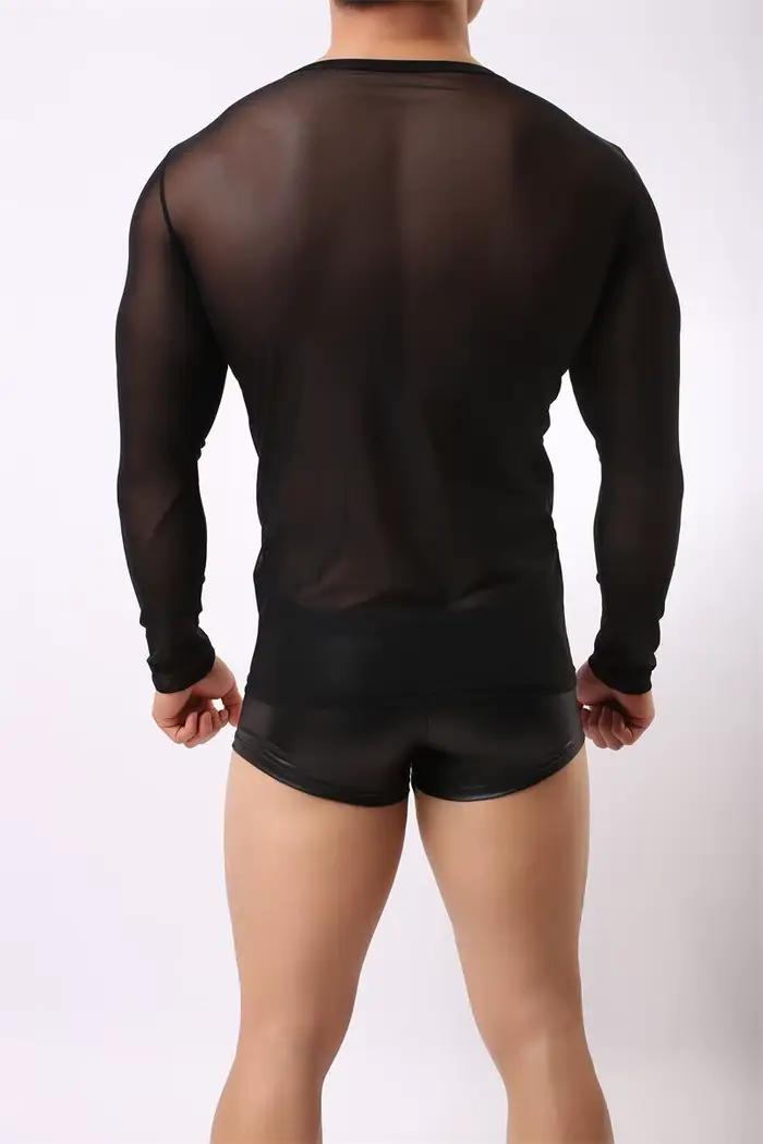 Sexy Unique Transparent T-shirt hommes voir à travers l'automne à manches longues hauts t-shirts maillot de corps