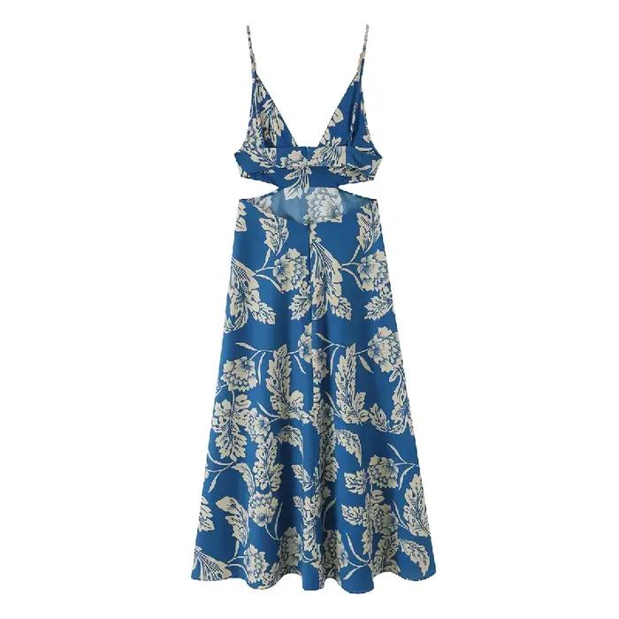 Robe pour femme 2026 Nouvelle tendance mode sexy été bleue sans manches col en V imprimée fendue mi-longue