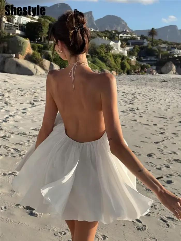 Robe de plage Shestyle blanche à dos nu en mousseline de soie pour femme
