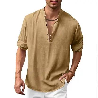 Chemise Henry en lin pour hommes, col montant, manches longues, décontractée, plage, automne et hiver 2025