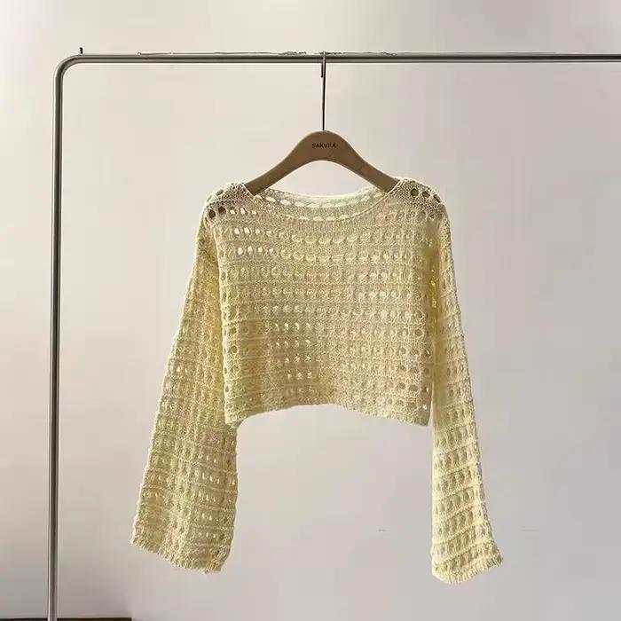 Haut en tricot au Crochet à manches longues pour femmes