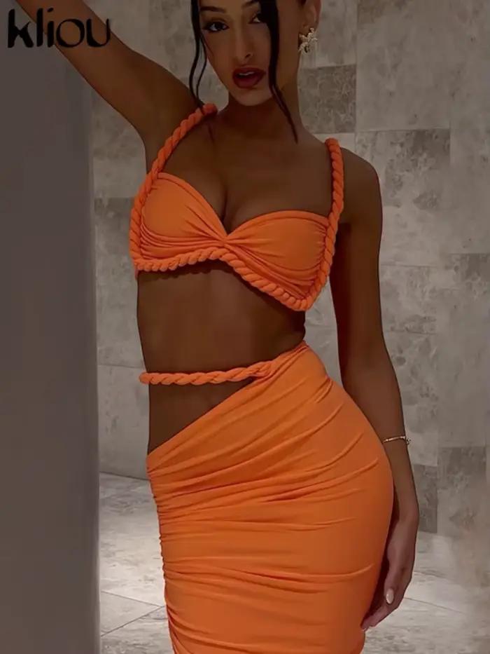 Kliou tissé Sexy femmes 2 pièces ensemble superbe chaud solide plissé culture Camisoles + taille haute Maxi jupes femme tendance vacances tenue