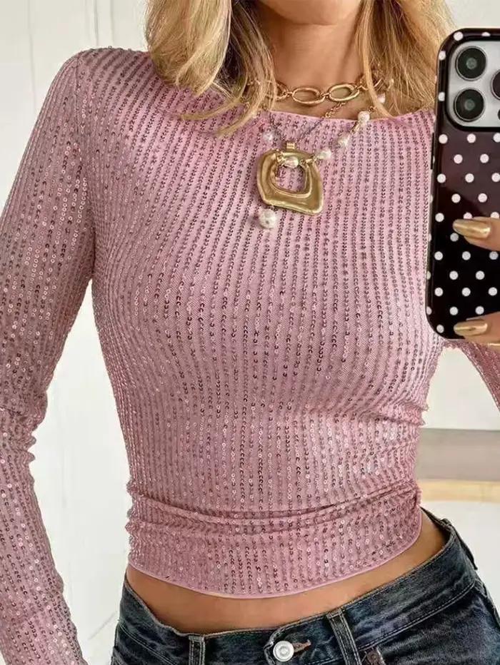 T-shirt court sexy noir à paillettes pour femmes