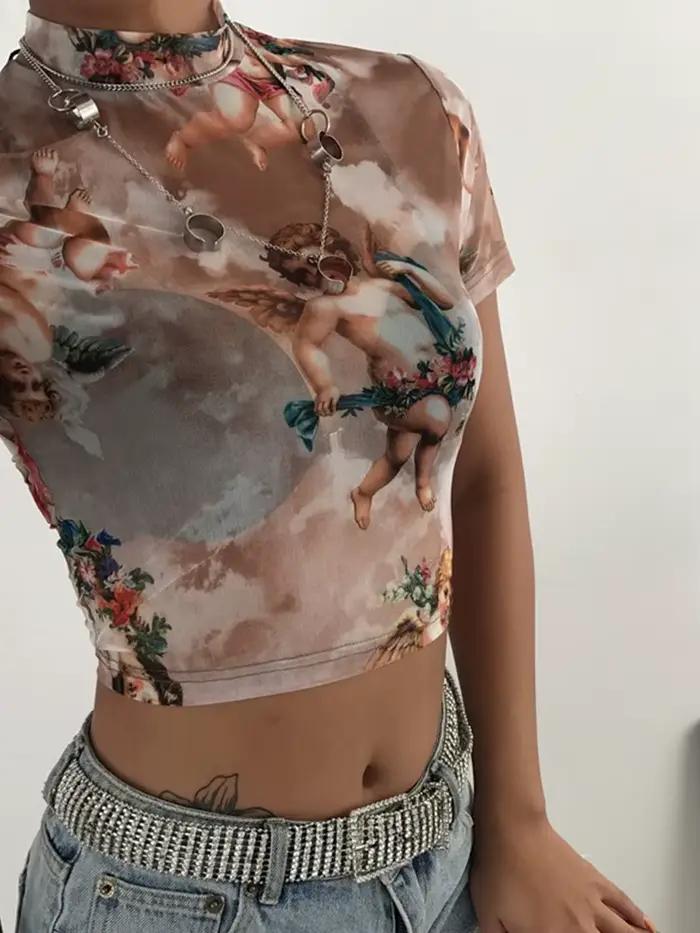 T-shirt manches courtes col haut femme