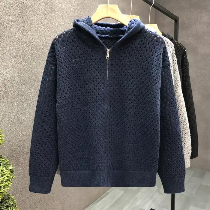 Cardigan à capuche évidé pour homme, laine standard, polyester, col rabattu, fermeture éclair, style décontracté, automne et hiver, pour tous les jours