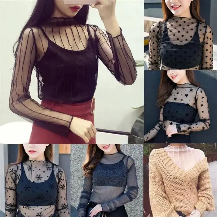 Transparent dentelle T-shirt maille résille à manches longues maille dames hauts Blouses pure noir Transparent T-shirt femmes filles