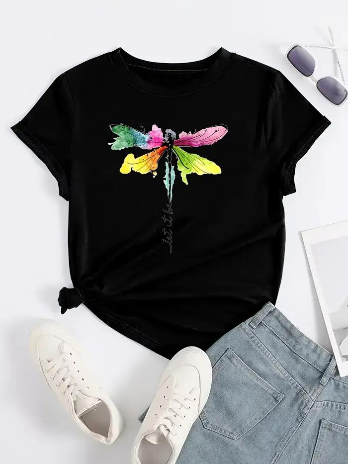 T-shirt à manches courtes imprimé libellule pour femmes