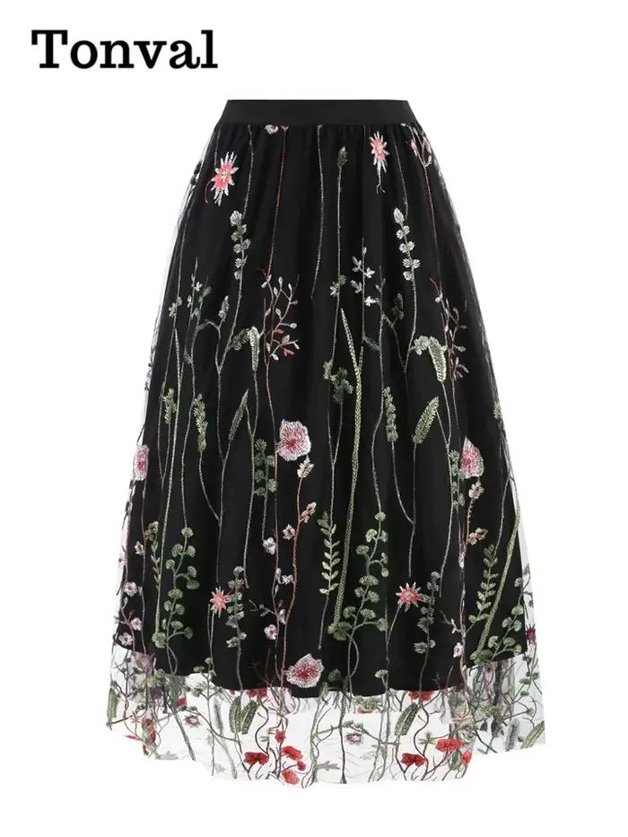 Tonval-Jupe longue doublée en maille brodée florale pour femme