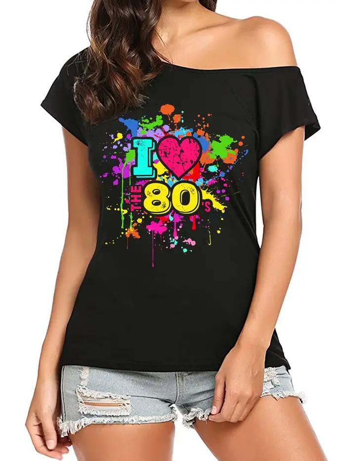 T-shirt fantaisie vintage à épaules dénudées pour femme des années 80