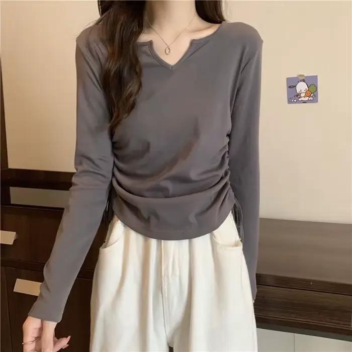 T-shirt à col en v avec cordon de serrage sensatif pour femme pour le printemps et l'automne