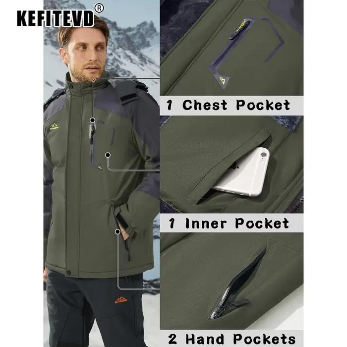 KEFITEVD Veste de Ski d'Hiver pour Homme Doublée en Polaire Chaude Résistante à l'Eau Manteaux Lourd pour Randonnée et Camping en Extérieur Coupe-Vent