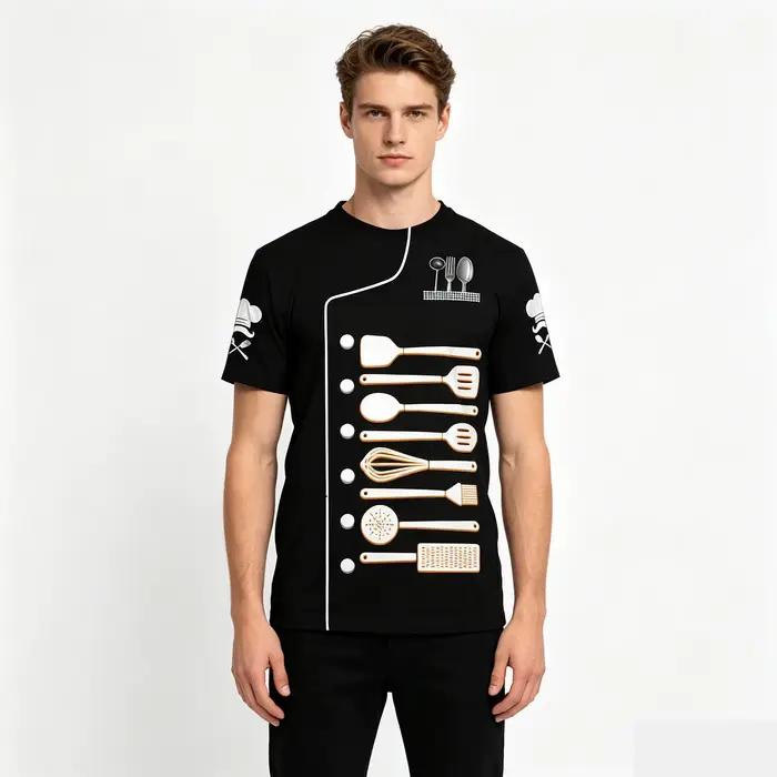 Chemise de chef élégante pour hommes, imprimée, pour hôtel, restaurant, cuisine, décontractée, col rond, manches courtes, t-shirt, vêtements de travail pour le service alimentaire