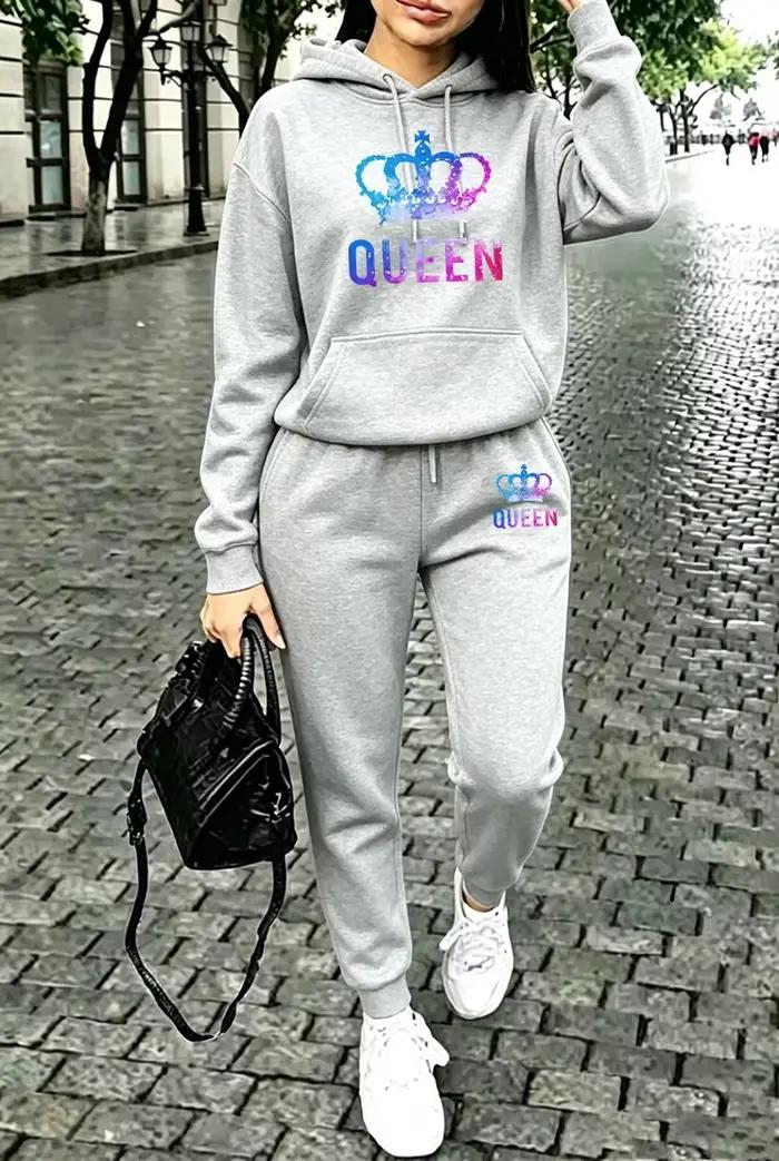 Ensemble décontracté pour femme Queen Printing : Sweat à capuche et pantalon de jogging pour sports de plein air – Collection Automne-Hiver