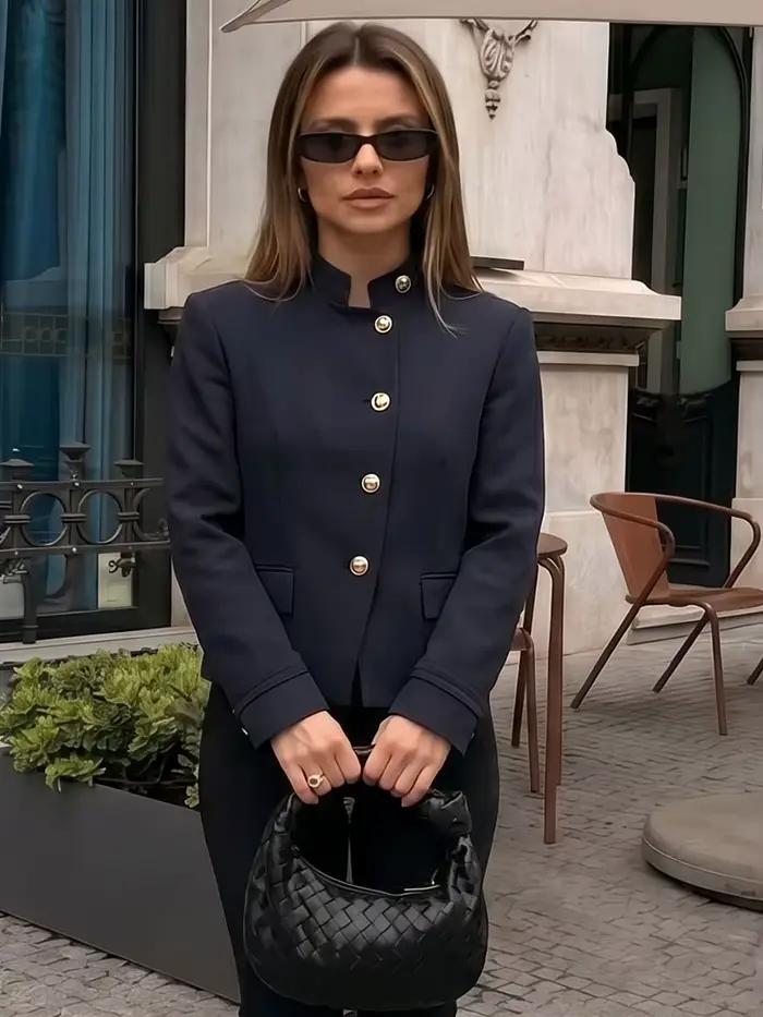 HH Veste Minimaliste Femme Bleu Marine Coupe Slim avec Boutons et Poches – Blazer Chic Décontracté pour le Bureau et la Ville